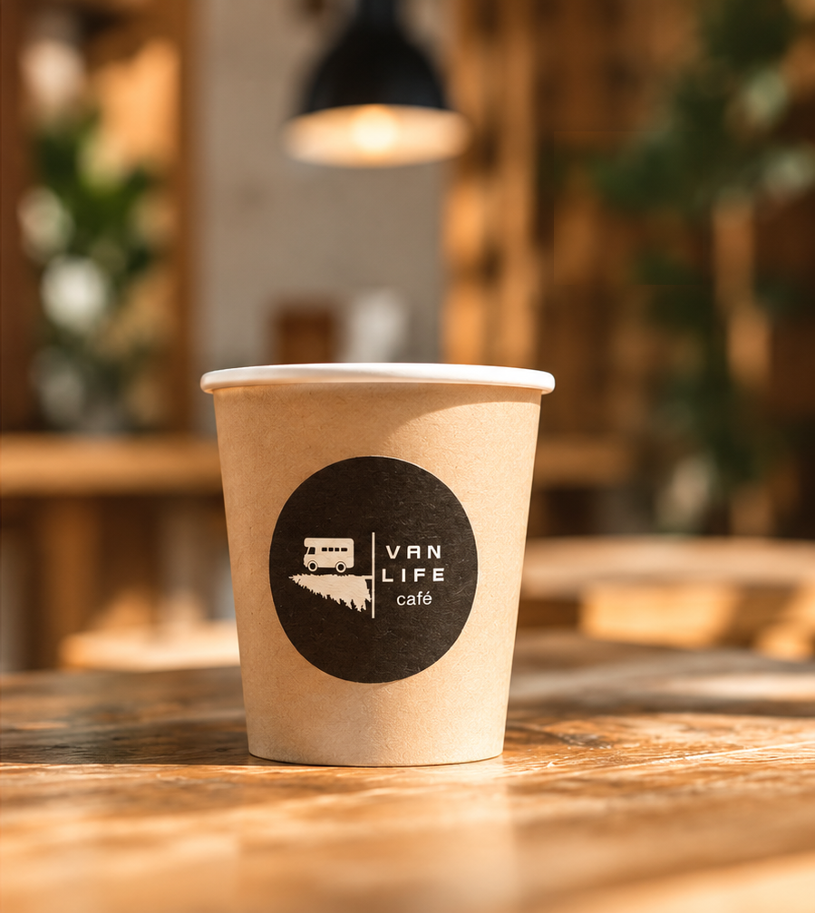 暖かな木のカウンターに置かれたVAN LIFE caféの紙カップ